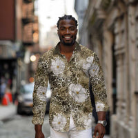 African Leopard Floral Pattern Long Sleeve Button Shirt Sahara Pearl