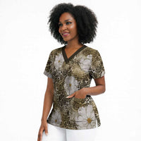 African Leopard Floral Pattern Scrub Top Sahara Pearl