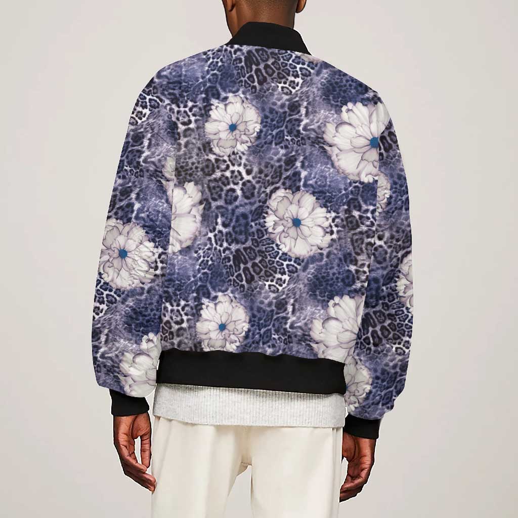 African Leopard Floral Pattern Bomber Jacket Nile Indigo