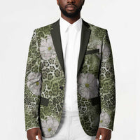 African Leopard Floral Pattern Blazer Safari Moss
