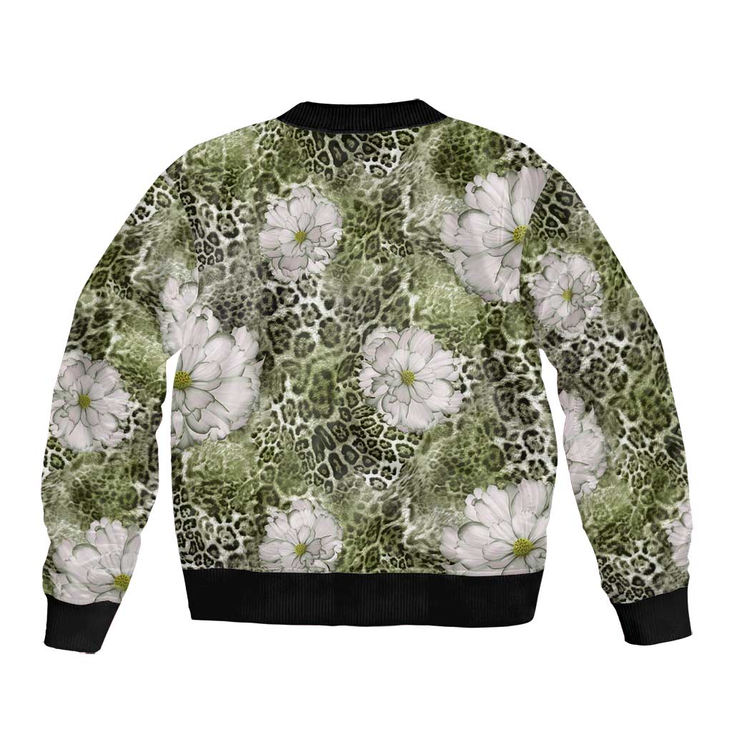 African Leopard Floral Pattern Bomber Jacket Safari Moss