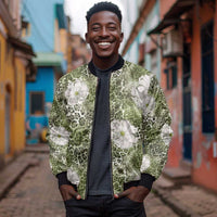 African Leopard Floral Pattern Bomber Jacket Safari Moss