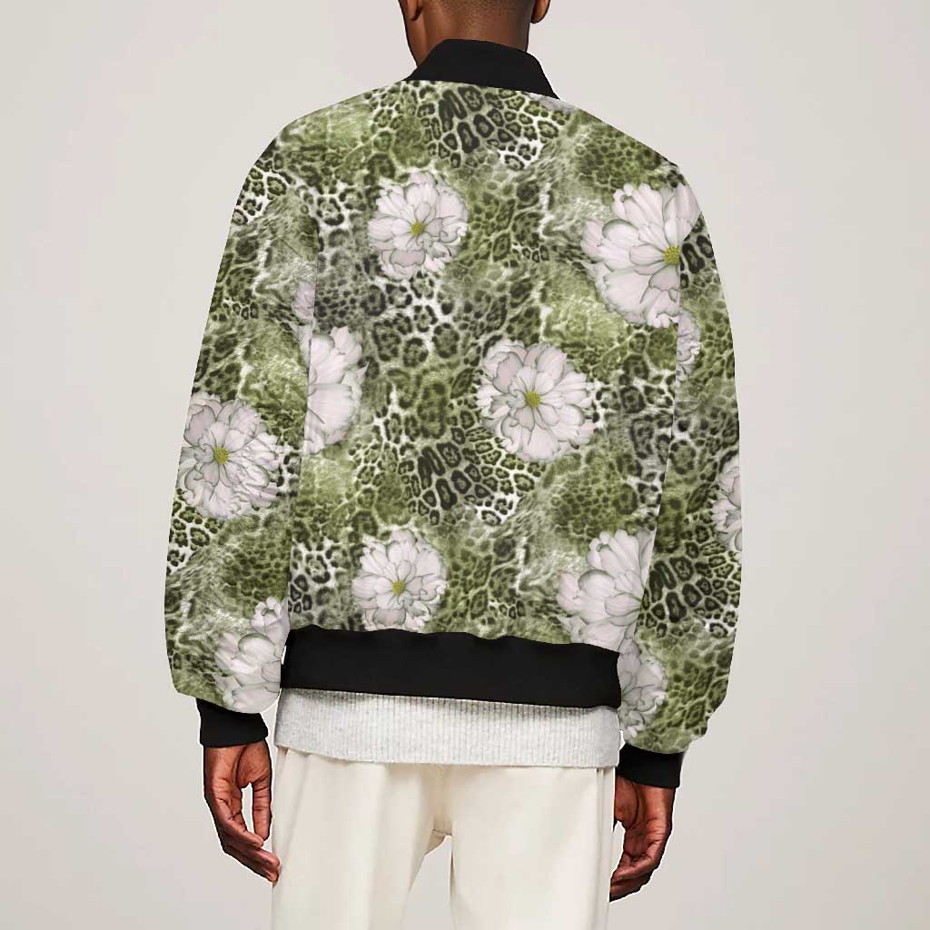 African Leopard Floral Pattern Bomber Jacket Safari Moss
