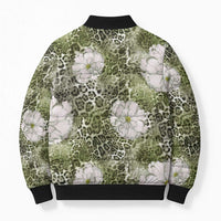 African Leopard Floral Pattern Bomber Puffer Jacket Safari Moss