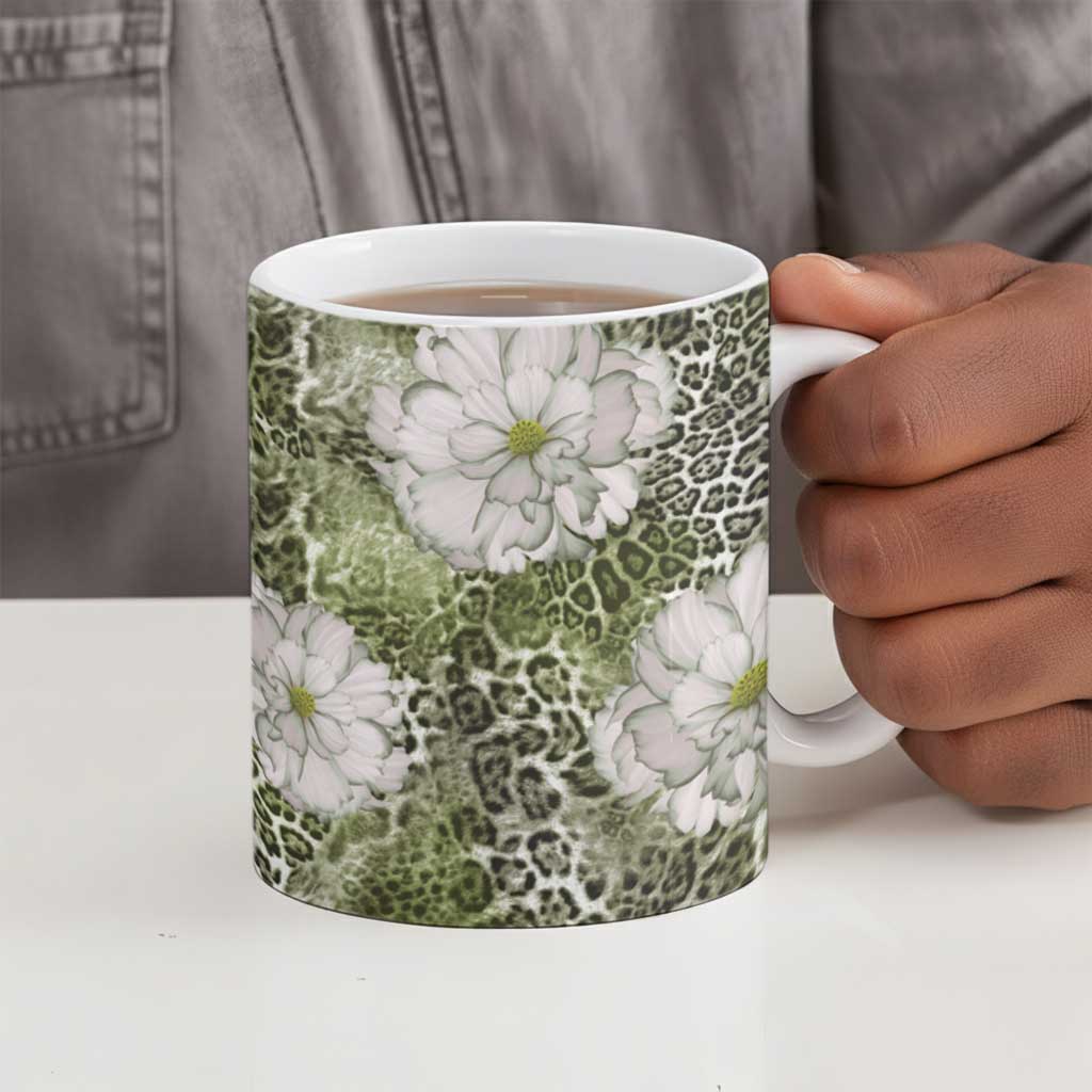 African Leopard Floral Pattern Ceramic Mug Safari Moss