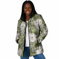 African Leopard Floral Pattern Padded Jacket Safari Moss