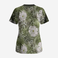 African Leopard Floral Pattern Scrub Top Safari Moss