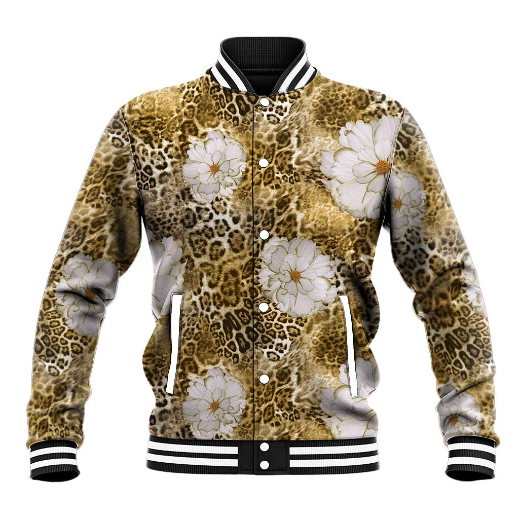 African Leopard Floral Pattern Baseball Jacket Savannah Gold