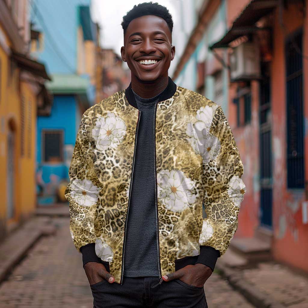 African Leopard Floral Pattern Bomber Jacket Savannah Gold