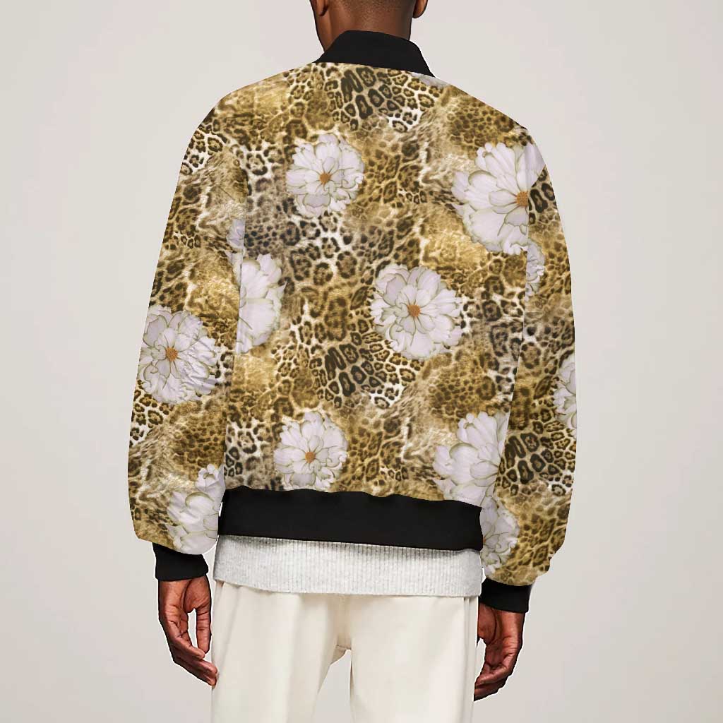 African Leopard Floral Pattern Bomber Jacket Savannah Gold
