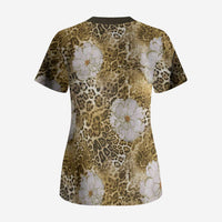 African Leopard Floral Pattern Scrub Top Savannah Gold
