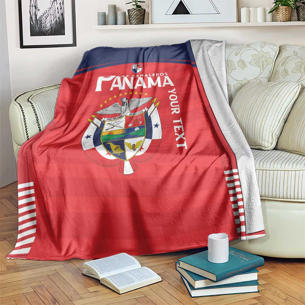 Red and navy Panama football blanket with crest, 'Los Canaleros' and striped trim
