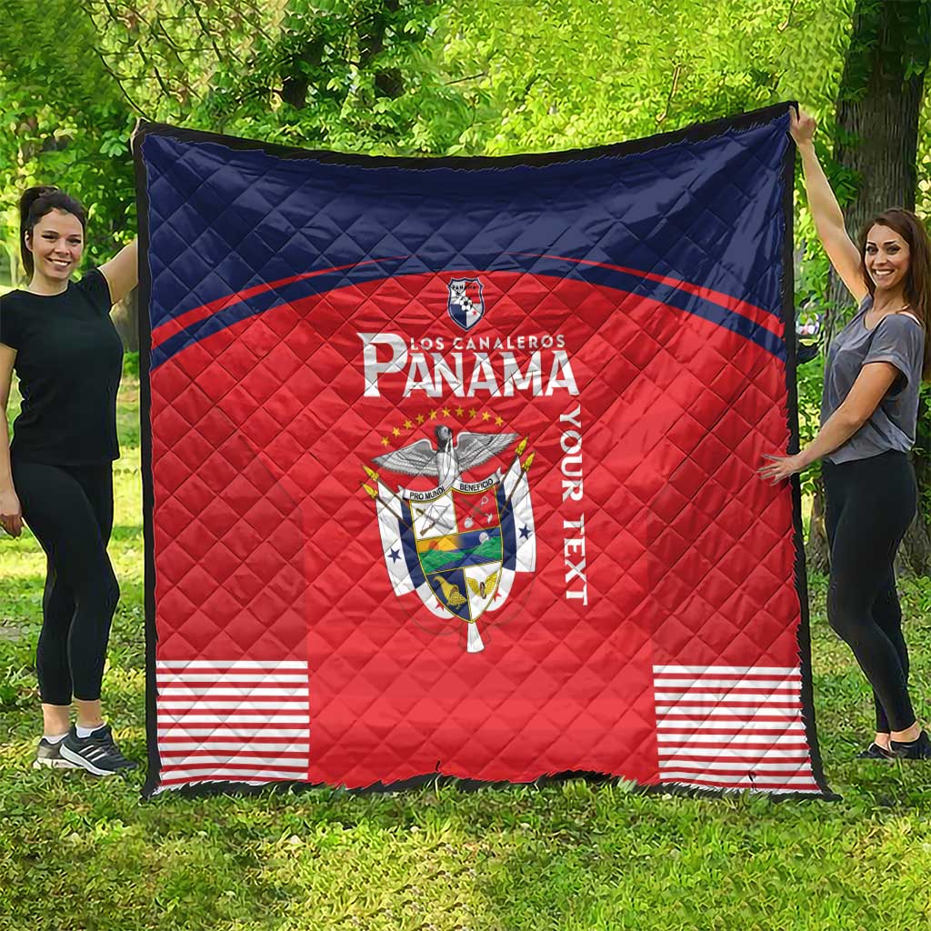 Panama team quilt blanket in red with navy top border, crest emblem, and stripes corners.