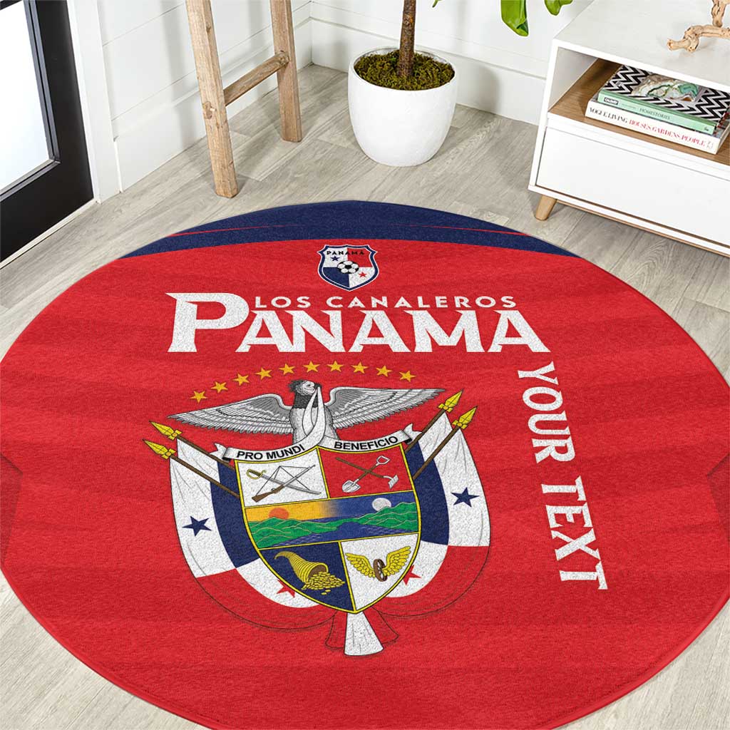 Red round football rug with blue edge, Panama logo and LOS CANALEROS lettering