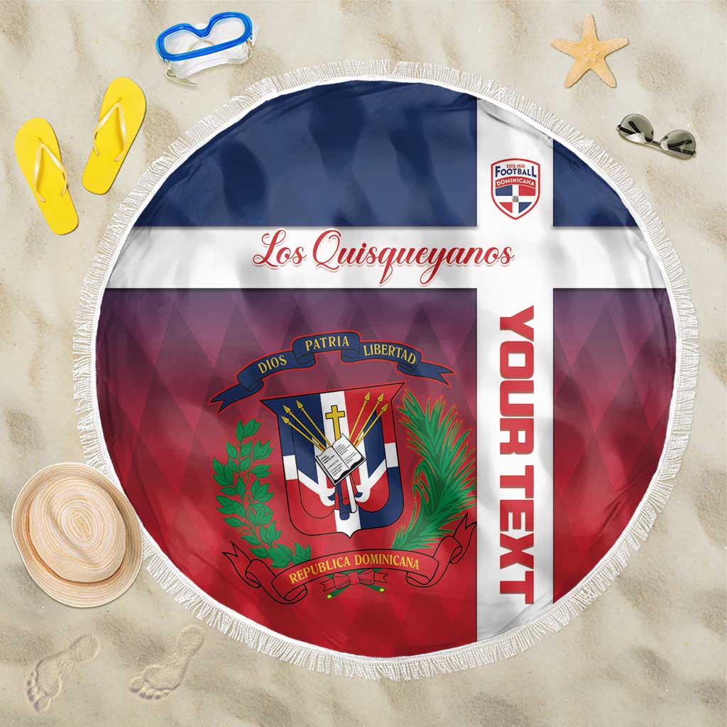 Round beach blanket, fringe edge, Dominican Republic crest and Los Quisqueyanos print