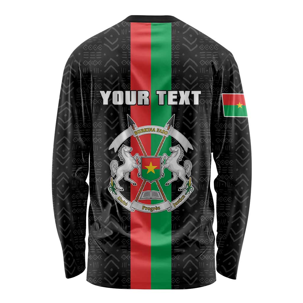 Black long-sleeve shirt with Your Text banner, Burkina crest, and flag stripes