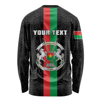 Black long-sleeve shirt with Your Text banner, Burkina crest, and flag stripes