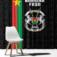 Black window curtain panel with mud-cloth pattern, Burkina Faso crest and vertical flag stripe
