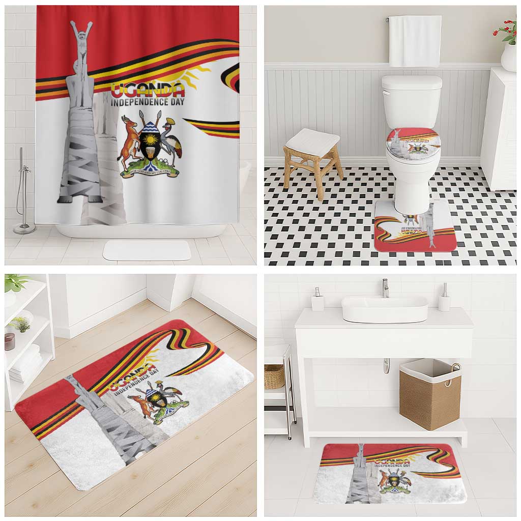 Bathroom set featuring Uganda Independence Day shower curtain, toilet mat, and bath mats