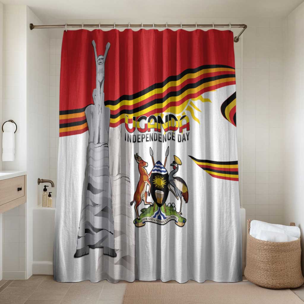 Uganda Independence Day shower curtain with red-and-white flag stripes and emblem