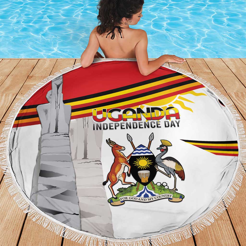 Round beach blanket with Uganda Independence Day print and tassel fringe border