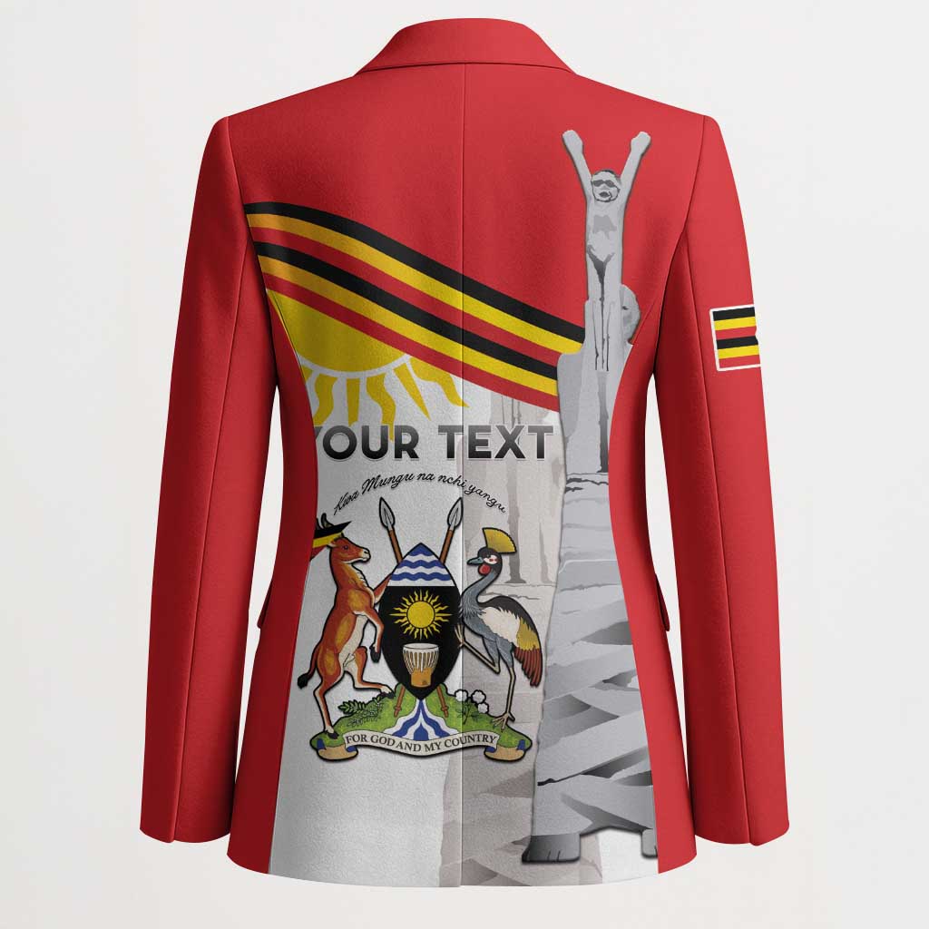 Red unisex blazer back with flag stripe, statue graphic, and custom text panel