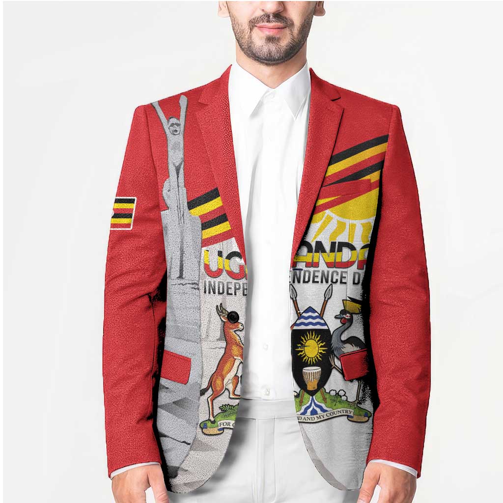 Red unisex blazer with front graphic collage panel and striped accent sleeve details