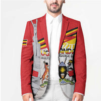Red unisex blazer with front graphic collage panel and striped accent sleeve details
