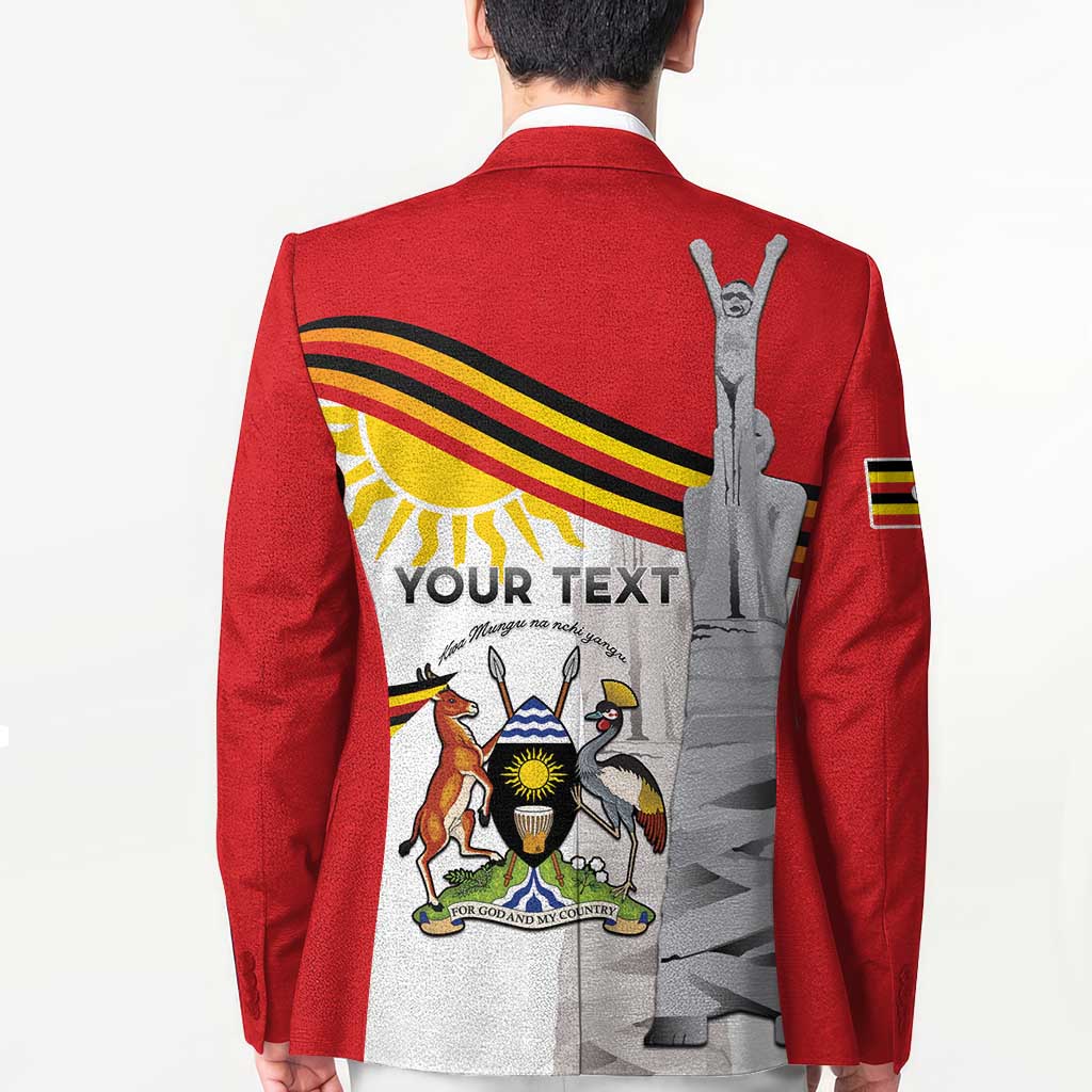 Red unisex blazer back with flag stripes, statue graphic, and central emblem print