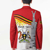 Red unisex blazer back with flag stripes, statue graphic, and central emblem print