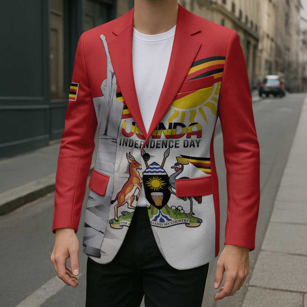 Red unisex blazer with Uganda Independence Day graphic print and striped chest accents