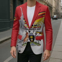 Red unisex blazer with Uganda Independence Day graphic print and striped chest accents