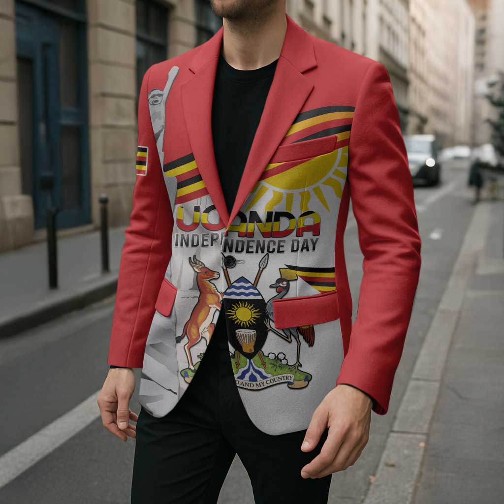 Red unisex blazer with Independence Day graphic panel and striped sleeve detail