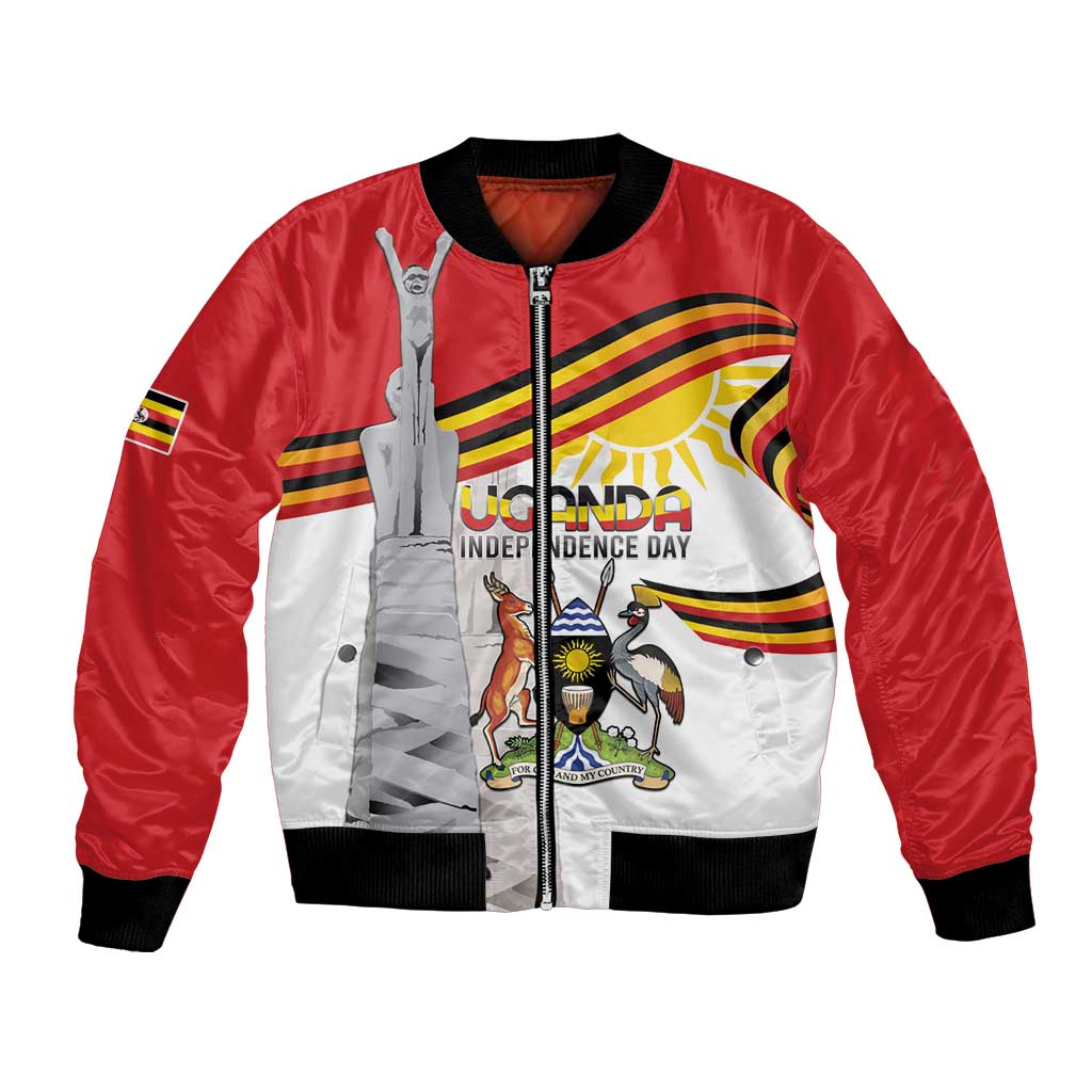 Unisex bomber jacket with red sleeves, white front, black ribbed collar and zip, graphic print
