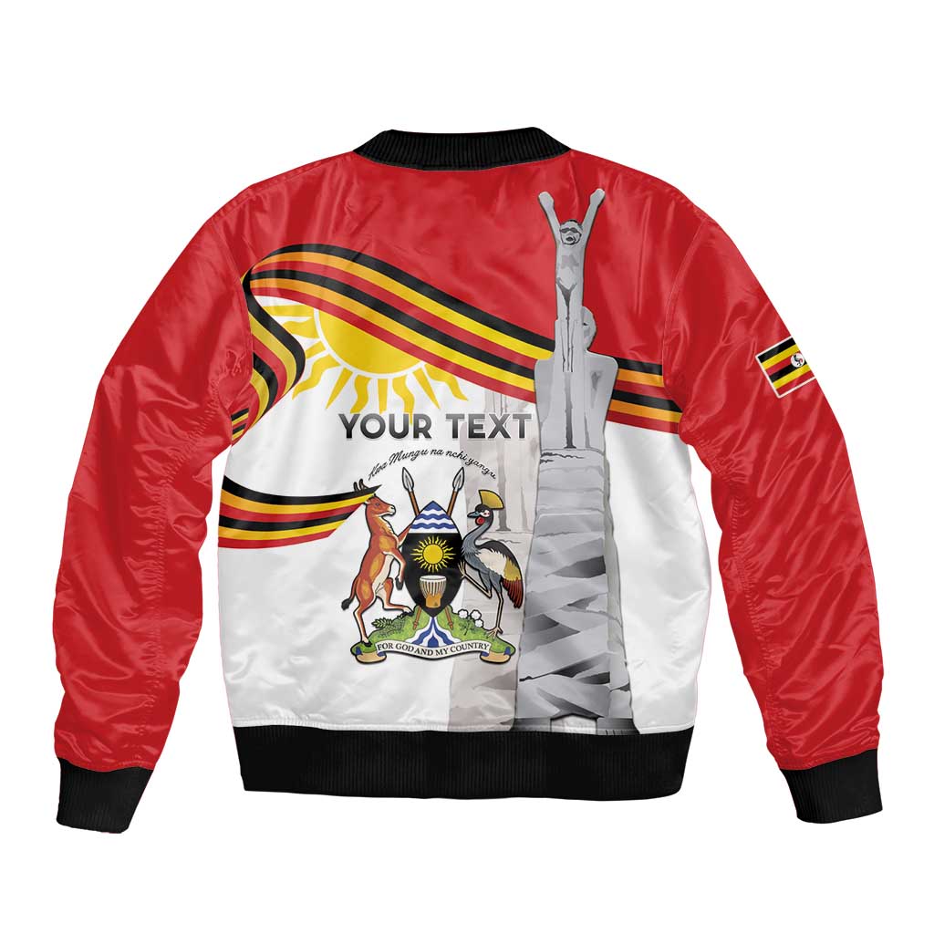 Unisex bomber jacket, red sleeves, white front, black cuffs, crest graphic with YOUR TEXT.