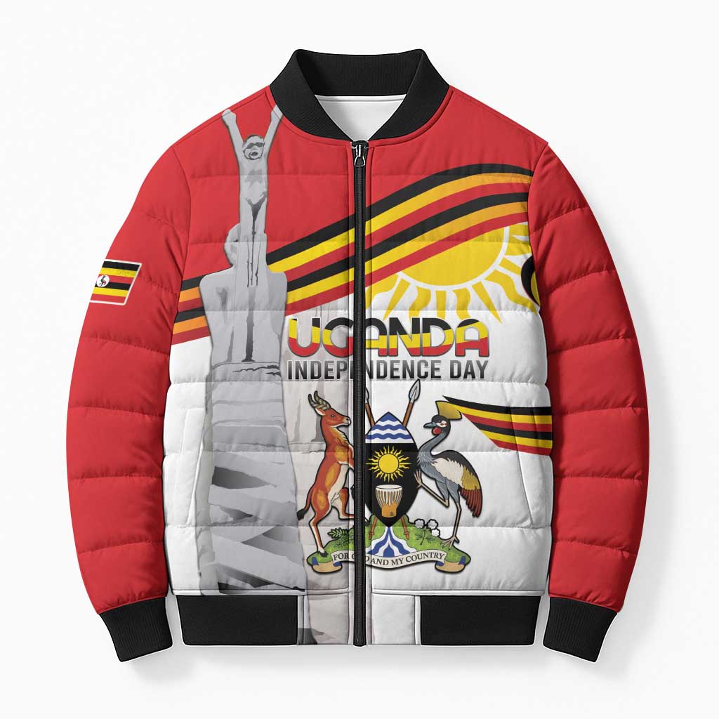 Red/white puffer bomber jacket, full-zip front, Uganda independence day graphic