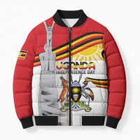 Red/white puffer bomber jacket, full-zip front, Uganda independence day graphic