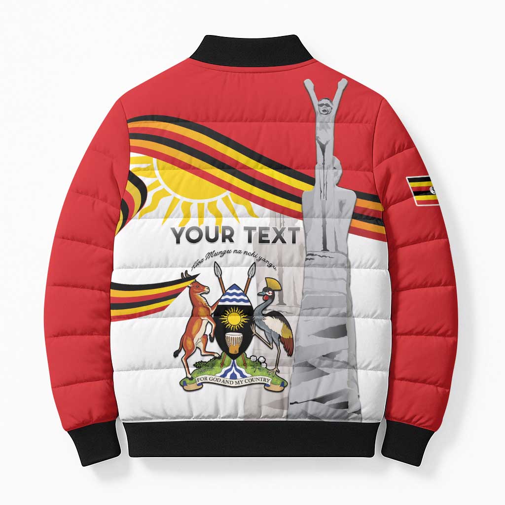 Red puffer bomber jacket, full-zip back view, Uganda flag and Independence Day artwork