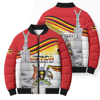 Red and white puffer bomber jacket, full-zip, Uganda coat of arms and statue print