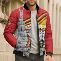 Red puffer bomber jacket on model, full-zip, Uganda flag graphic on front panels