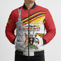 Red and white puffer bomber jacket, full-zip, Uganda Independence Day text and emblem