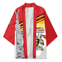 Red kimono coat with white center panel and monument graphic; open front