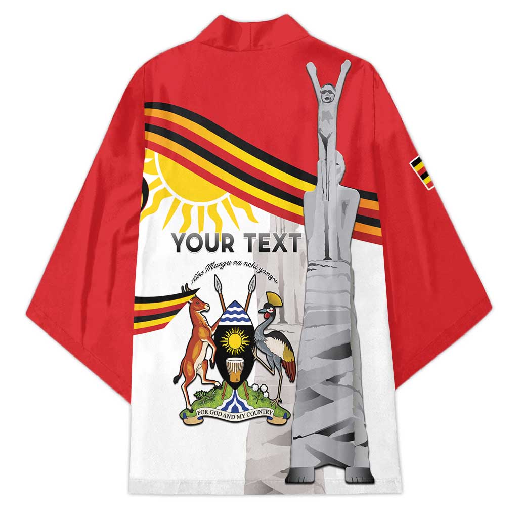 Red kimono coat with back-style monument print, stripe accents, and graphic panel