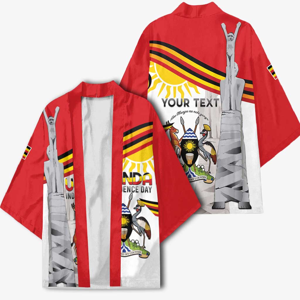Red kimono coat set showing front and back views with monument and shield artwork