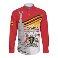 Red long-sleeve button shirt with Uganda Independence graphic and monument front