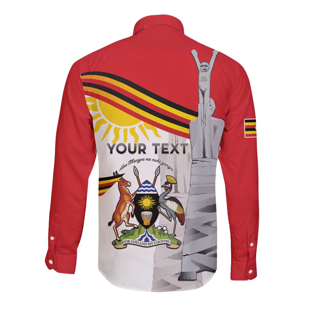 Red long-sleeve button shirt, back with Uganda graphic and 'YOUR TEXT' placeholder
