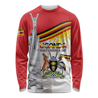 Red long-sleeve shirt with Uganda Independence Day monument graphic and crest