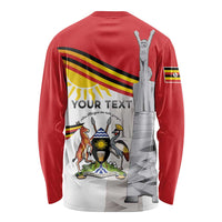 Red long-sleeve shirt with back monument graphic and 'YOUR TEXT' panel