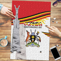 Uganda Independence Day jigsaw puzzle showing coat of arms and flag rays, in progress