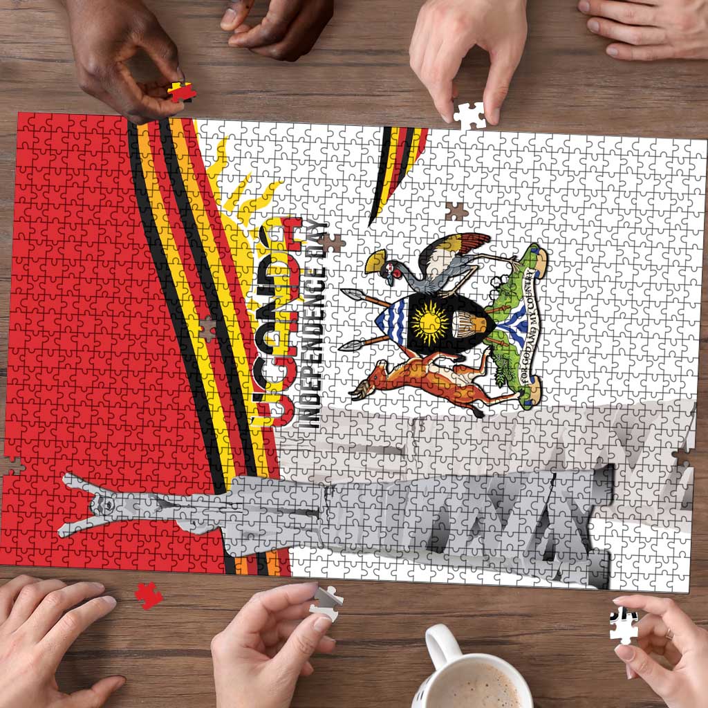 Uganda coat of arms jigsaw puzzle section with flag stripes and pieces being assembled